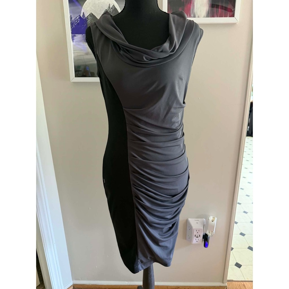 Maggy London side gathered ruched cowl neck dress in grey and black Size 6